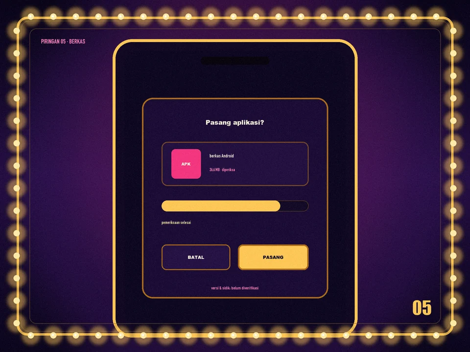 Dialog pemasangan APK di perangkat Android: kartu berkas, bilah periksa, tombol PASANG, dan baris versi serta sidik yang belum diverifikasi.