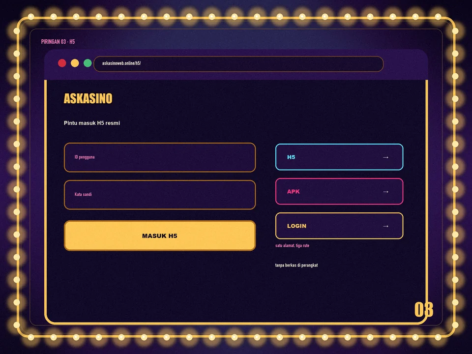 Jendela peramban dengan bilah alamat askasinoweb.online/h5/, kolom ID dan kata sandi, tombol MASUK H5, serta tiga kartu rute H5, APK, dan LOGIN.